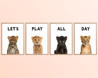 Playroom Prints Set of 4, Let’s Play All Day Posters, Safari Animal Nursery Wall Art, Lion Kids Room Decor, Toddler Room Art, Toy Room Sign