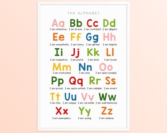 Rainbow Affirmations Alphabet Abc Poster, Homeschool Decor Chart, Nursery Playroom Wall Art, Kindergarten Classroom Educational Printable