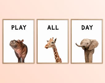 Playroom Prints Set of 3, Play All Day Posters, Safari Animal Nursery Wall Art, Elephant Giraffe Kids Room Decor, Toddler Room Toy Room Art