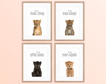 Set of 4 Nursery Prints, Safari Nursery Decor, Kids Room Bedroom Decor Positive Kids Affirmation Art, Toddler Room Cute Baby Animal Wall Art
