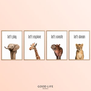 May include: Four framed prints with animal illustrations and text. The prints feature an elephant, giraffe, hippopotamus, and lion cub. The text on the prints reads "Let's play", "Let's explore", "Let's create", and "Let's dream".