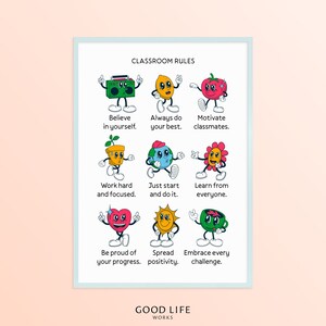 May include: Classroom rules poster with colourful cartoon characters and motivational phrases. The poster features a radio, lemon, tomato, plant, globe, flower, heart, sun, and coffee cup. The text on the poster reads: "Classroom Rules", "Believe in yourself", "Always do your best", "Motivate classmates", "Work hard and focused", "Just start and do it", "Learn from everyone", "Be proud of your progress", "Spread positivity", "Embrace every challenge", "Good Life Works".