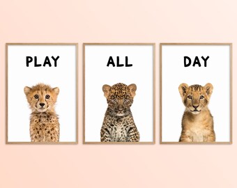 Playroom Prints Set of 3, Play All Day Posters, Safari Animal Nursery Wall Art, Lion Leopard Kids Room Decor, Toddler Room Art Toy Room Sign