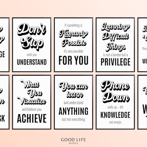 30 Growth Mindset Middle High School Classroom Decor Posters, Motivational Bulletin Board Sign Bundle, Neutral Black White Hallway Quote Set
