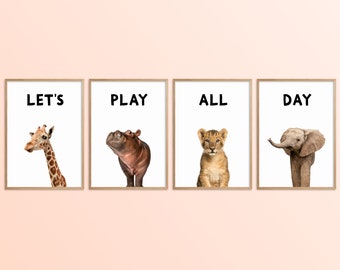 Playroom Prints Set of 4, Let’s Play All Day Posters, Safari Animal Nursery Wall Art, Lion Kids Room Decor, Toddler Room Art, Toy Room Sign