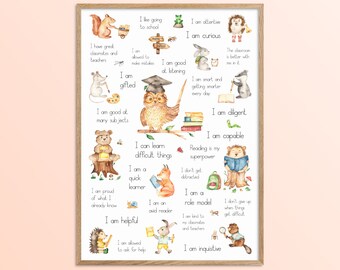 Elementary Classroom Affirmations Poster, Homeschool Woodland Animals Themed Decor, Affirmation Station Printable, First Day of School Gift