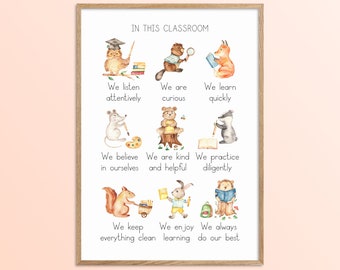 Elementary In This Classroom Affirmations Wall Art Poster, Classroom Rules Woodland Animals Themed Decor, Primary Classroom Nature Printable