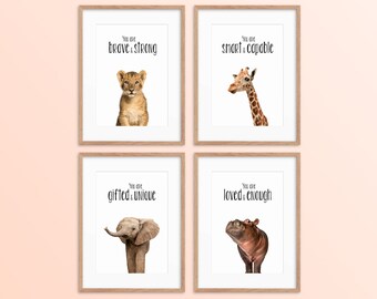 Set of 4 Nursery Prints, Safari Nursery Decor, Kids Room Bedroom Decor Positive Kids Affirmation Art, Toddler Room Cute Baby Animal Wall Art