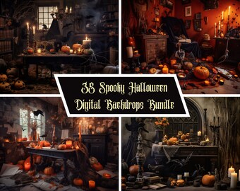 May include: A set of 38 digital Halloween backdrops featuring spooky scenes with pumpkins, candles, and other Halloween decorations. The backdrops are perfect for creating festive photos and videos.