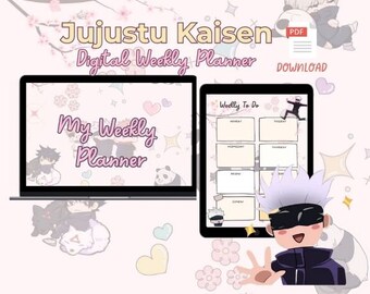 May include: Digital weekly planner featuring Jujutsu Kaisen characters. The image shows a laptop and tablet displaying the planner's interface. The laptop screen reads "My Weekly Planner." The tablet shows a "Weekly To Do" layout. The background is light pink with floral and heart accents.