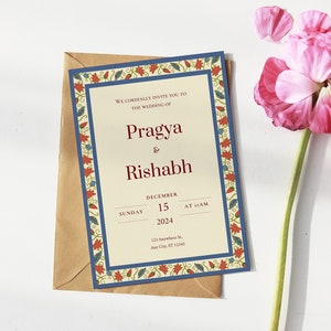 Convite de casamento floral indiano, cartão de casamento inspirado na arte Meenakari, convite digital editável, design de convite sul-asiático