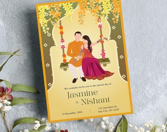 Haldi Invitation Template: Indian Wedding Swing Illustration (DIY Editable, Digital Download)