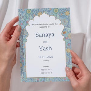 Faire-part de mariage floral, invitations de mariage indien, modèles modifiables de toile, mariage hindou traditionnel de modèle moghol, evite numérique