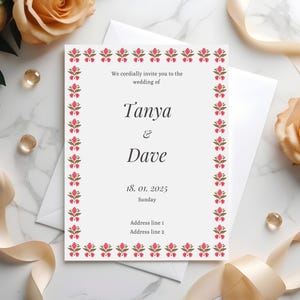 May include: A wedding invitation with a pink and brown floral border. The invitation reads "We cordially invite you to the wedding of Tanya & Dave, 18. 01. 2025, Sunday, Address line 1, Address line 2".