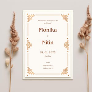 May include: A cream-coloured wedding invitation card with a decorative brown border. The text reads "We cordially invite you to the wedding of Monika & Nitin" with the date 18. 01. 2025. Space is provided for the venue and address details.