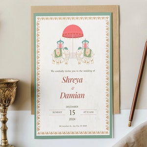 Royal Indian Wedding Uitnodigingskaart, Indiaas Save the Date met olifantenmotief, Instant Download bewerkbare sjabloon voor afdrukbare trouwkaarten