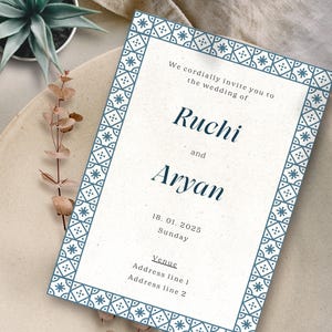 Modèle minimaliste d'invitation de mariage, motifs de bordure inspirés des carreaux marocains, cartes de mariage traditionnelles, motifs, téléchargement numérique modifiable