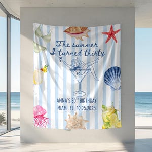The Summer I Turned Birthday Party Banner Decor, Any Age Custom Birthday Tapestry, 30th Birthday Party Decor,  Birthday decorations beach