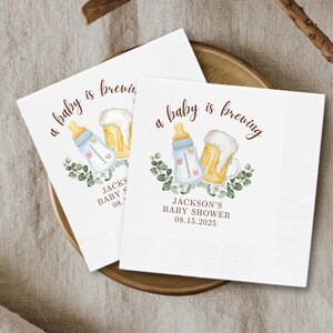A Baby Is Brewing Baby Shower Napkin, Baby Shower Napkins, Personalize Baby Napkins, Baby Name Napkins, Baby Shower Cocktail Napkins