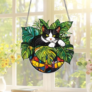 Tuxedo Cat In A Flower Pot Acrylic Suncatcher Window Hangings, Tuxedo Cat Acrylic Wall Decor, Car Art Gift, Cat Lovers Gift