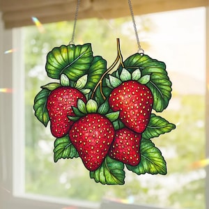Strawberry Branch Acrylic Suncatcher, Strawberry Floral Window Hanging, Housewarming Gift, Gift For Berry Lover, Strawberry Suncatcher Gift