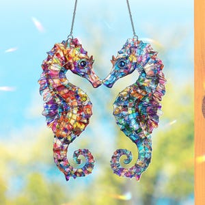 Seahorse Hologram Acrylic Suncatcher Hanging, Coastal Sea Horse Ocean Beach Window Decor, Seahorse Ornament, Seahorse Coastal Decor