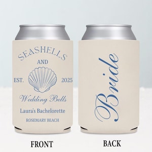 Seashells and Wedding Bells Can Coolers, Personalized Bachelorette Can Sleeves, Custom Beach Coastal Bachelorette Party Favors, Can Holder
