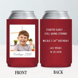 Custom Can cooler Birthday Party Decor, Personalized Picture Can Cooler, Vintage 1995, Birthday Drink Bottle Holder, 30th Birthday Gift