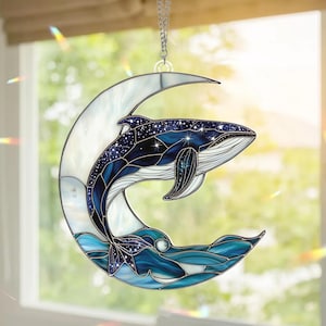 Blue Whale on moon Window Hanging Sign, Whale Suncatcher, Whale Ornament, Blue Whale Acrylic Window Hangings, Beach Home Decor, Gift For Her