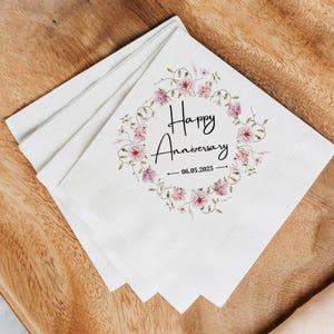 Custom Napkins, Wildflowers Happy Anniversary Cocktail Napkins, Personalized Wedding Cocktail Napkins With Text, Anniversary Party Napkins