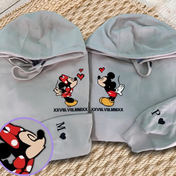Embroidered Mickey and Minnie Sweatshirt, Custom Roman Numeral Couple Hoodie, Personalized Date and Initial Hoodie Valentine Couples Sweater