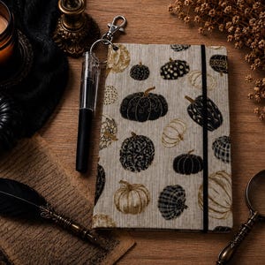 May include: A rectangular notebook with a light beige cover featuring a repeating pattern of black and gold pumpkins. The notebook includes a black elastic closure band and a silver metal clip attached to the top edge holding a black and clear pen.