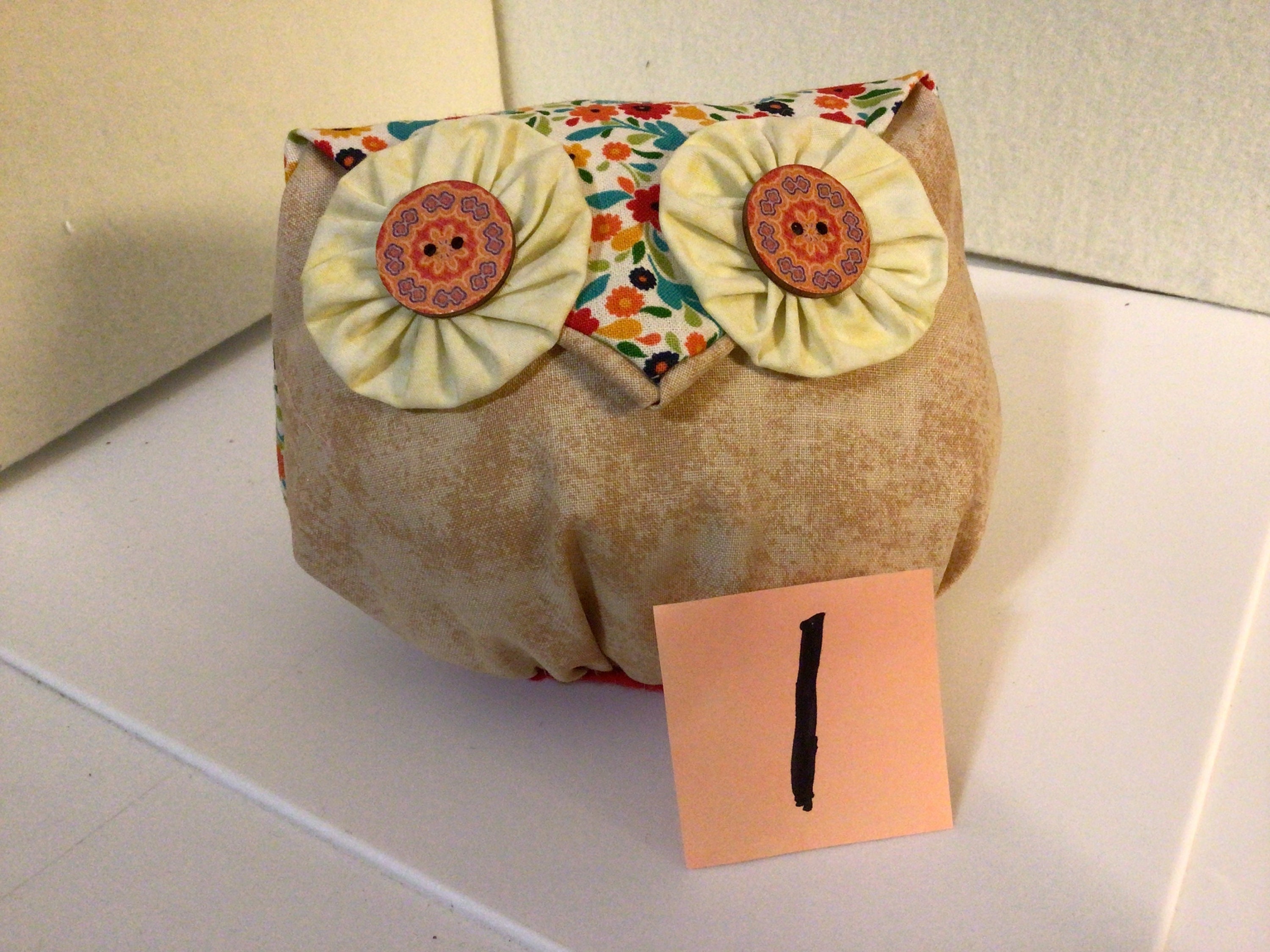 Oscar Owl, soft squishy fiber fill,  autumn colors in 100% cotton fabric. made in my smoke free , pe