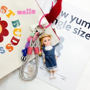 Key Chain Barbi Denim & Straw Hat | Chic Handbag Accessory Bag Charm | Trendy Fashion Doll Keychain | Gift for Her | Weiin