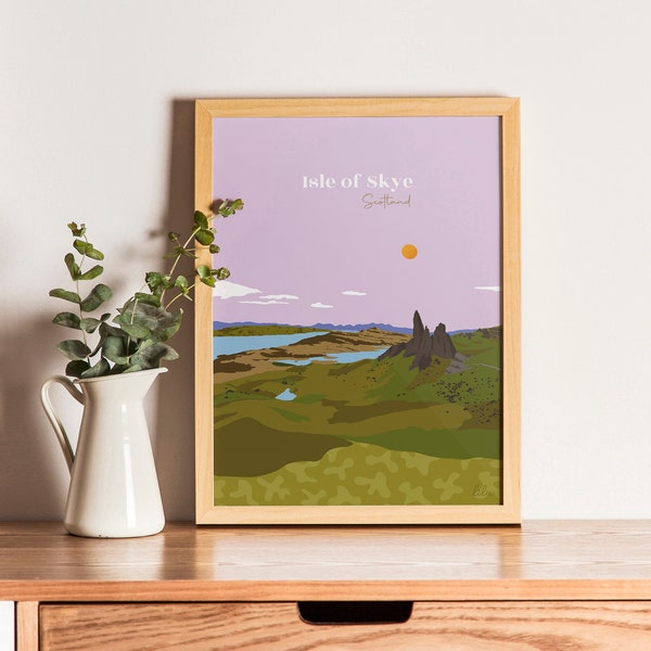 Affiche de L'île de Skye, Old Man of Storr, poster Ecosse, affiche Highland, illustration voyage A5/A4/A3, affiche colorée voyage illustré
