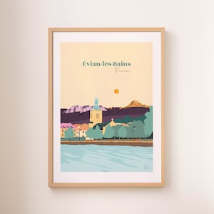 Affiche Evian-les-Bains, poster ville France, affiche Haute-Savoie, Lac Léman illustration voyage A5/A4/A3, affiche colorée voyage illustré