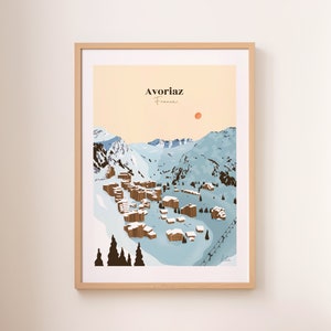 Affiche Avoriaz Haute-Savoie France, poster montagne, affiche station ski, illustration voyage A5/A4/A3, affiche colorée, voyage illustré