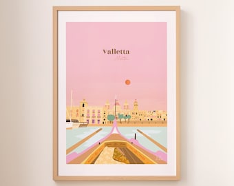 Valletta poster, Malta city poster, barge poster, island of Malta travel illustration A5/A4/A3, colorful illustrated travel poster