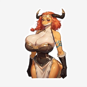 May include: A sticker featuring a fantasy character with orange hair, horns, and a reptilian face. The character wears a dark brown and gold outfit with a white apron. A blue tattoo is visible on the character's arm.