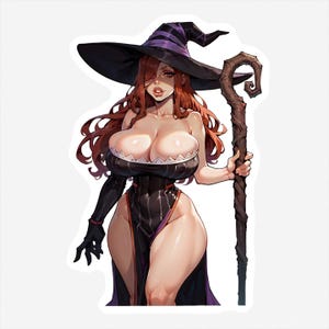 Sorceress - Fem 2 versions! Anime Girl Sticker Adult,  Mature Waifu, Oppai Manga Art, Sexy Anime Girl Stickers