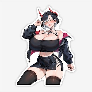 May include: A sticker featuring a stylized illustration of a character with black hair, red horns, and a black outfit. The character is wearing a black crop top, a short skirt, and a jacket. The character is making a peace sign.