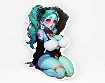 May include: A sticker featuring a blue-skinned anime character with green hair, red eyes, and a black and white outfit. The character is sitting with one leg bent and the other extended.