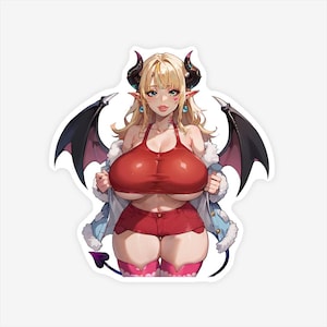 May include: A sticker featuring a cartoon illustration of a female demon with blonde hair, black horns, and bat wings. She wears a red halter top, shorts, and pink thigh-high socks. The sticker has a white border.