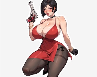 May include: A woman in a red dress and black stockings holds a silver handgun. She has black hair and red lipstick.