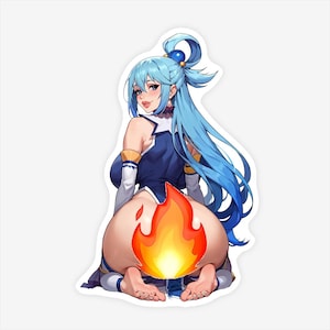 May include: A sticker featuring a cartoon character with long, flowing blue hair and a blue and white outfit. The character is in a kneeling position with a flame graphic covering the lower body. The sticker has a white border.
