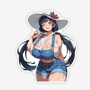 Puede incluir: Una pegatina con una ilustración de estilo anime de una mujer. Lleva una camiseta sin mangas blanca, un peto vaquero y un sombrero de sol grande adornado con flores. La mujer tiene el pelo largo y negro y está guiñando un ojo.