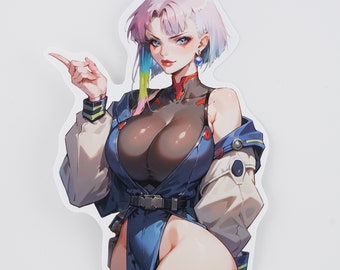 May include: A woman with short, pink and blue hair wearing a blue and black jumpsuit with a white jacket. She is pointing to the side with a confident expression.