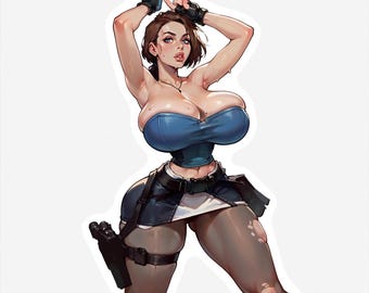 May include: A digital illustration of a character in a blue top, black gloves, and a short skirt. The character is posed with arms raised, and a gun is visible on the leg. The artwork has a stylized, anime-inspired aesthetic.