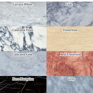 May include: A collage of eight different marble slabs, each with a unique pattern and colour. The slabs are labelled with their names: Carrara White, Lilac, Calacatta Viola, Travertine, Calacatta Gold, Red Travertine, Nero Marquina, and Grey.