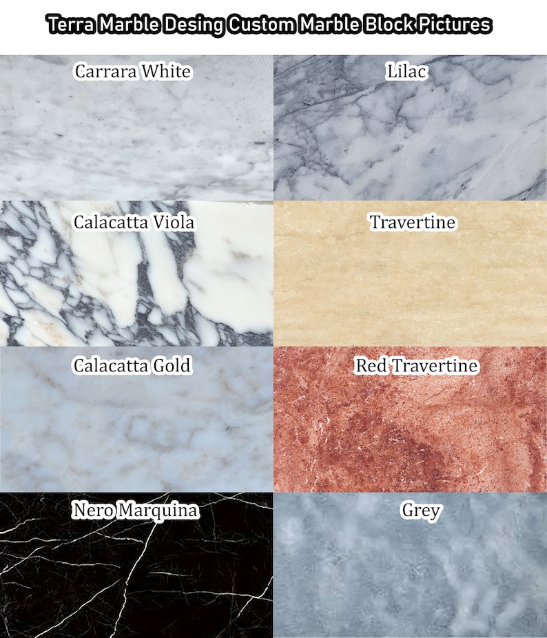 May include: A collage of eight different marble slabs, each with a unique pattern and colour. The slabs are labelled with their names: Carrara White, Lilac, Calacatta Viola, Travertine, Calacatta Gold, Red Travertine, Nero Marquina, and Grey.
